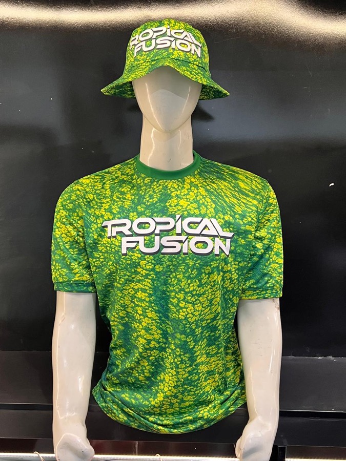 Tropical Fusion bucket hat and all-over print tee on a mannequin