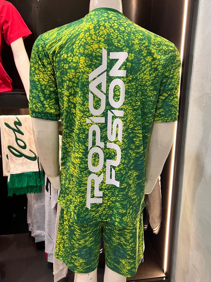 Back of the Tropical Fusion tee with matching printed shorts